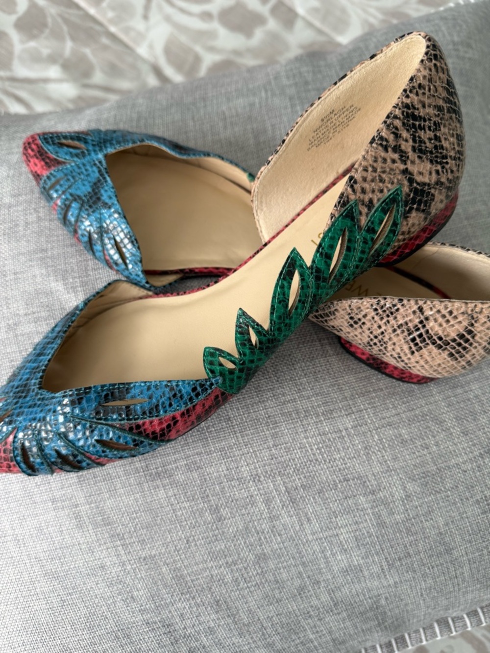 Nine West Multicolor Snakeskin-Print Pointed Flats with Leaf Cutouts